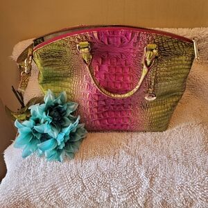 BRAHMIN! Vibrant Green and Pink Crocodile-Embossed Handbag